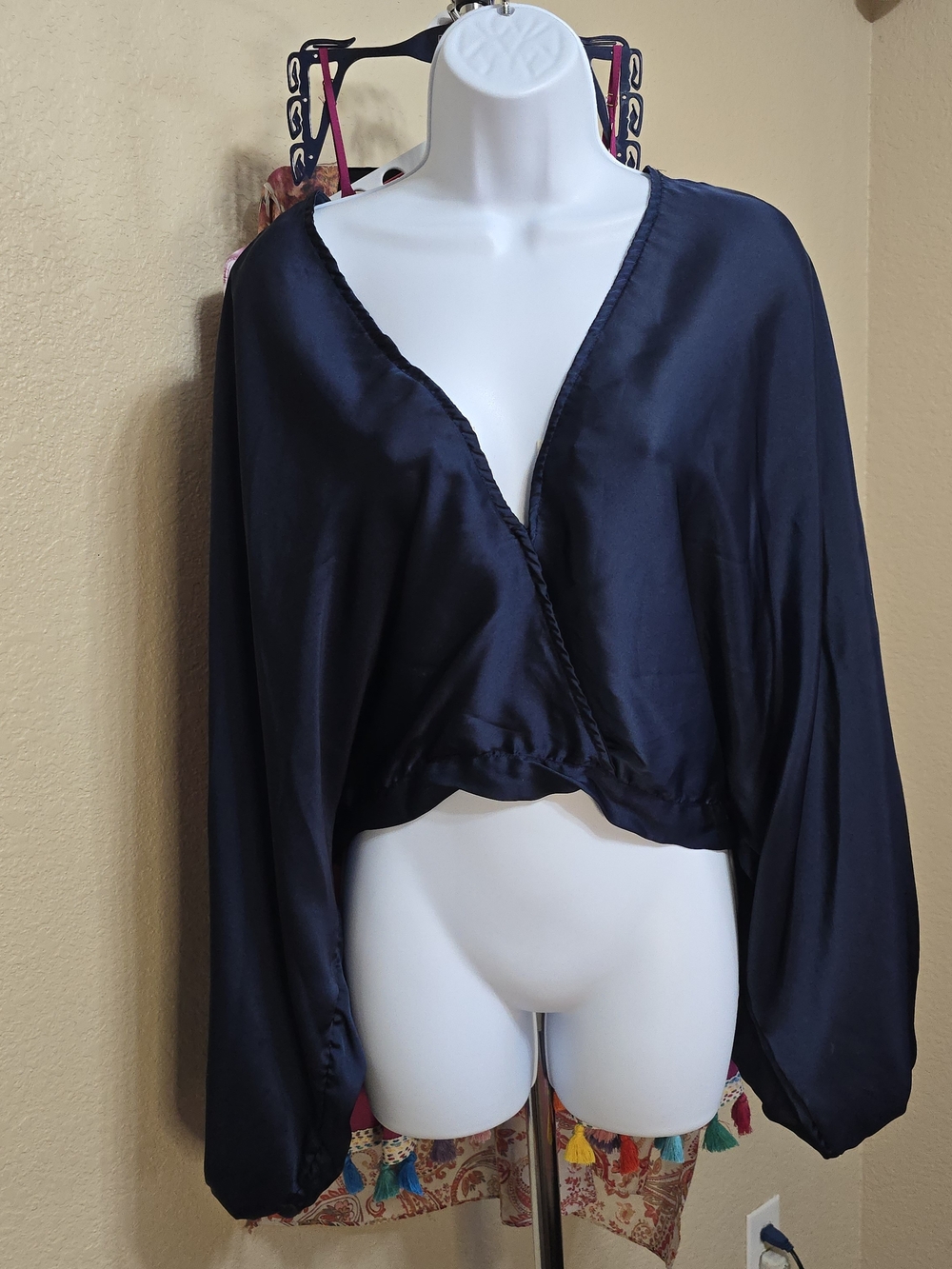 Women's Navy Satin Wrap Top - Classic Loungewear